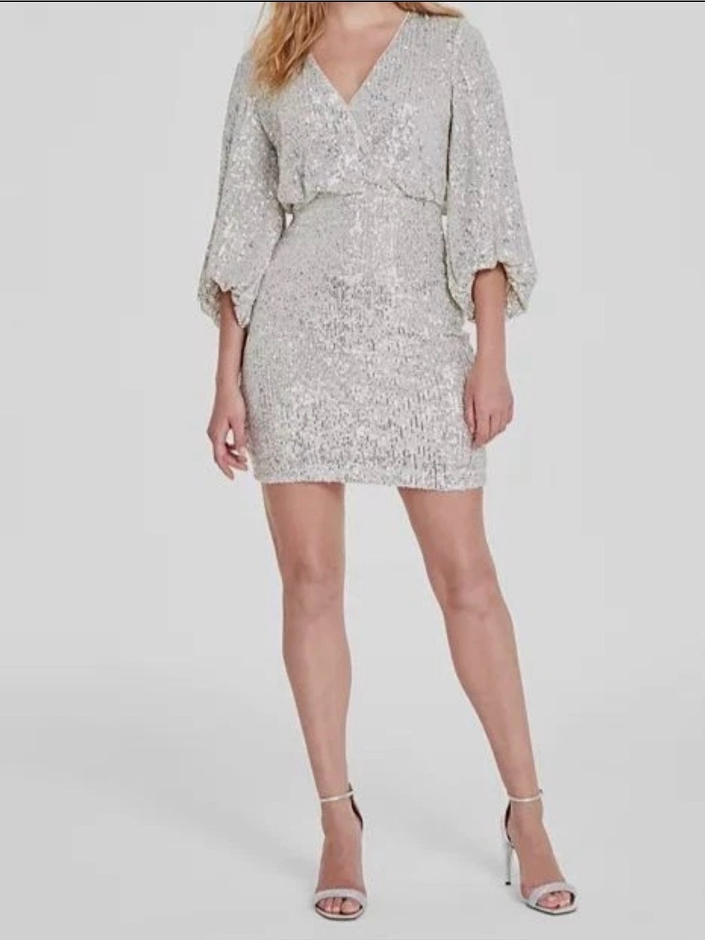 Silver Sequin V-Neck Kimono Sleeve Mini Party Dress